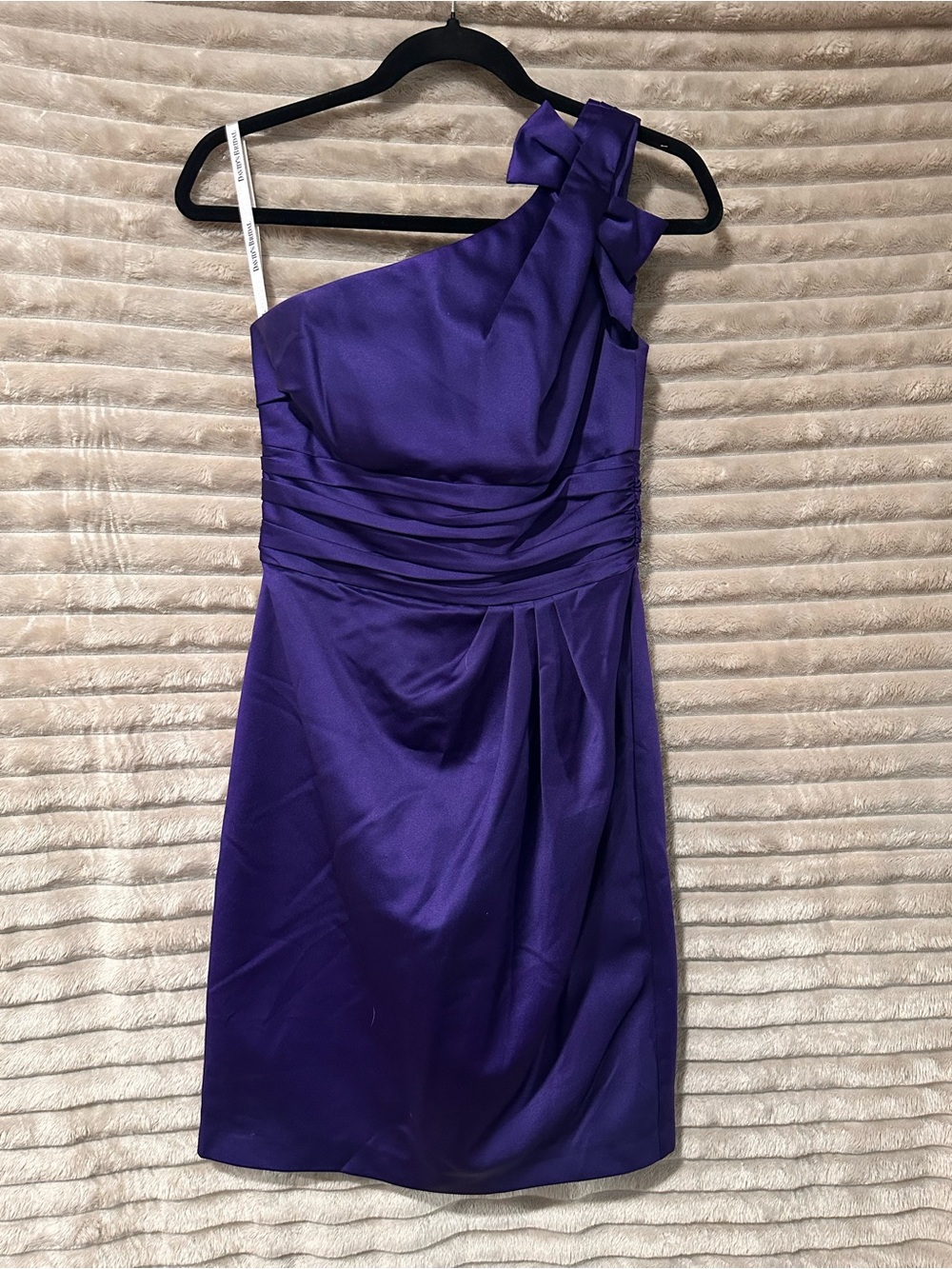 David's Bridal satin One-Shoulder Royal Purple Cocktail Dress with bow